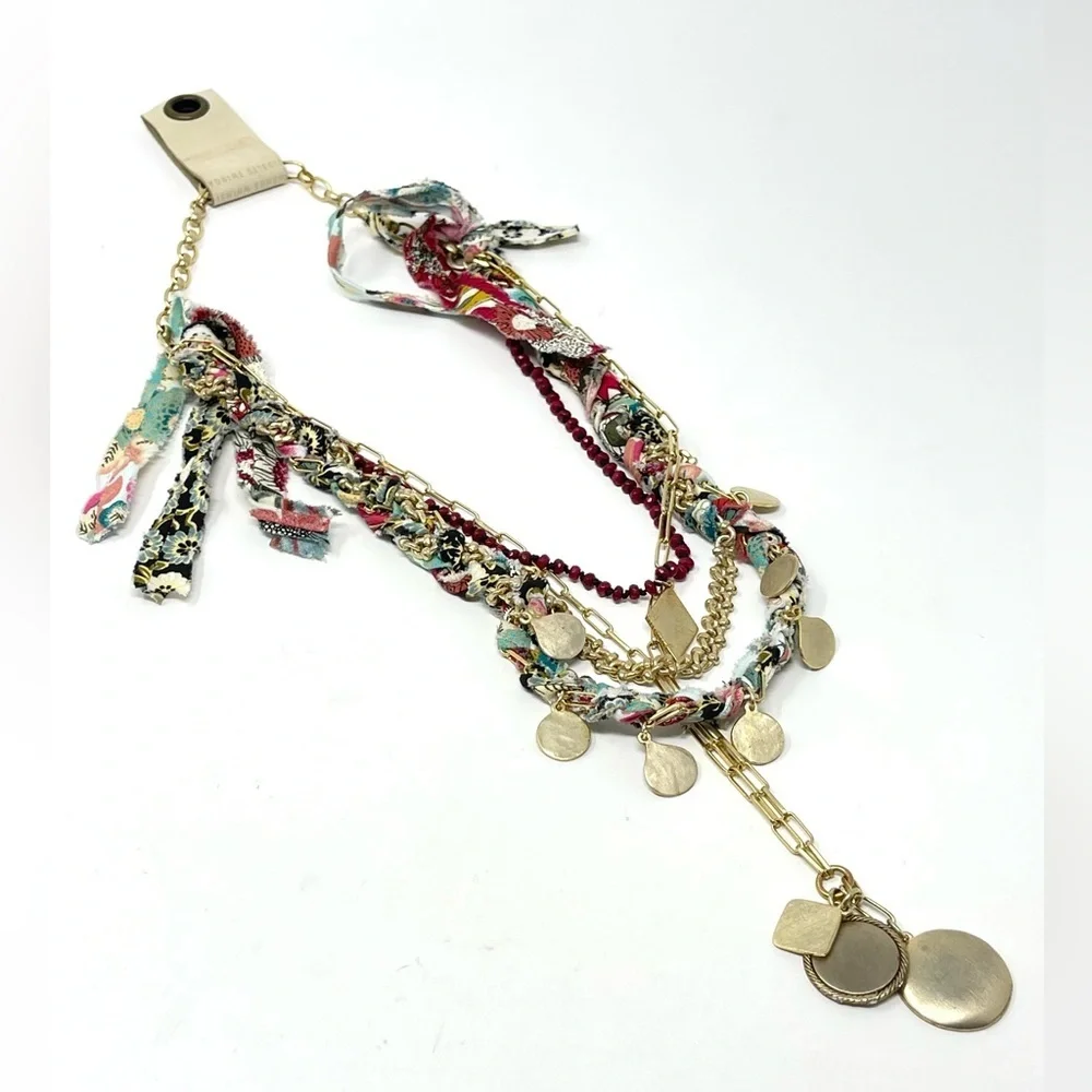 New Anthropologie Aspen Stone Layered Necklace Gold Charm Textile - Picture 8 of 9
